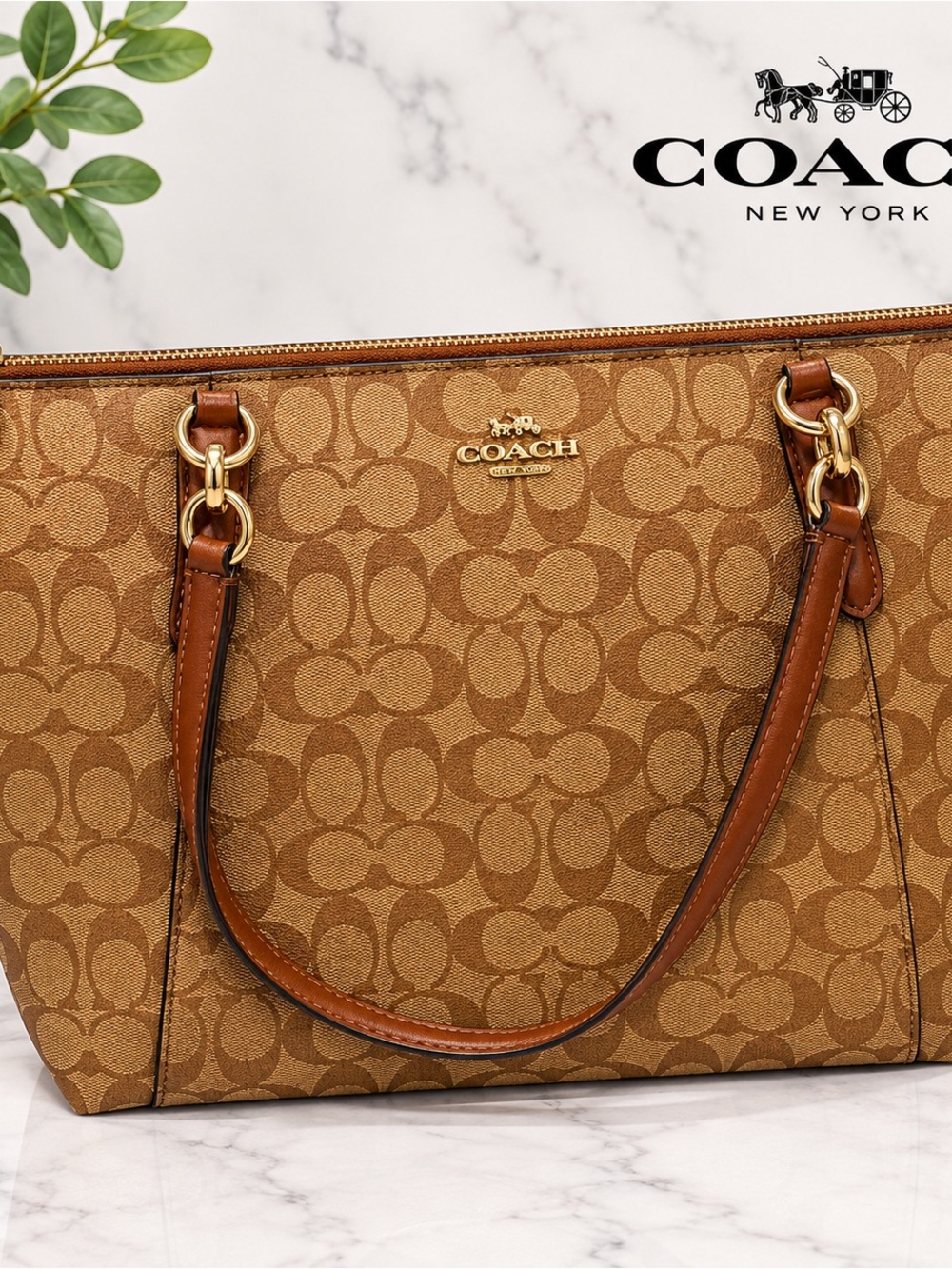 COACH SIGNATURE AVA SHOULDER TOTE KHAKI / SADDLE N-1884-F62018